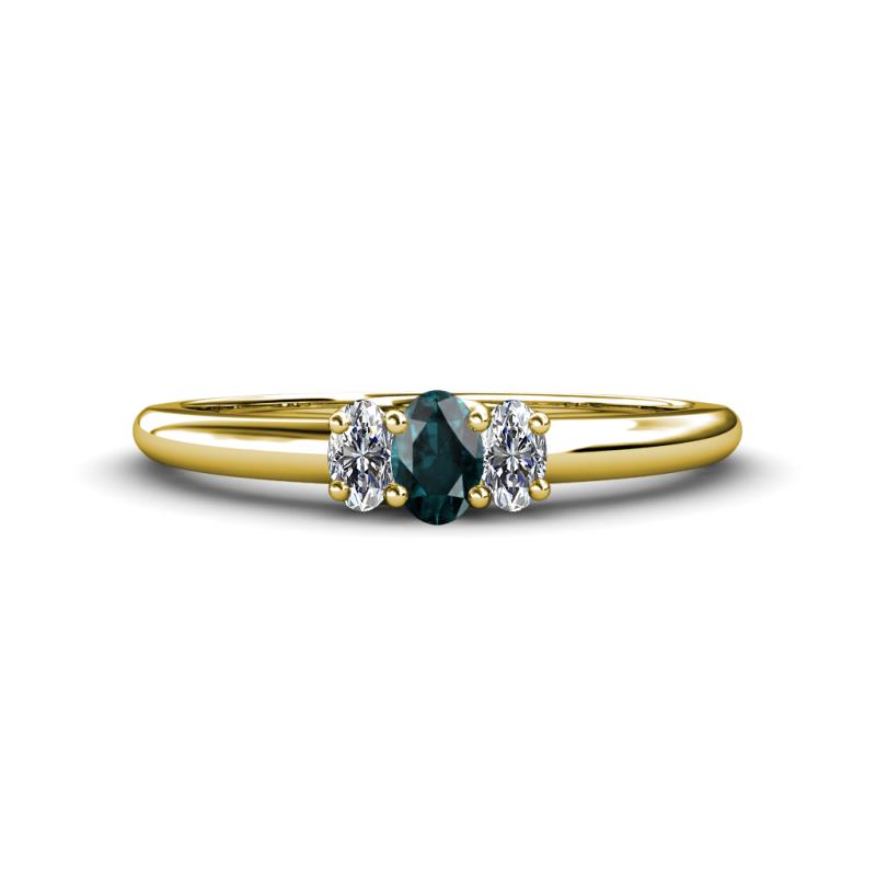 Louisa 6x4 mm Oval Cut London Blue Topaz and Diamond Trellis Three Stone Engagement Ring 