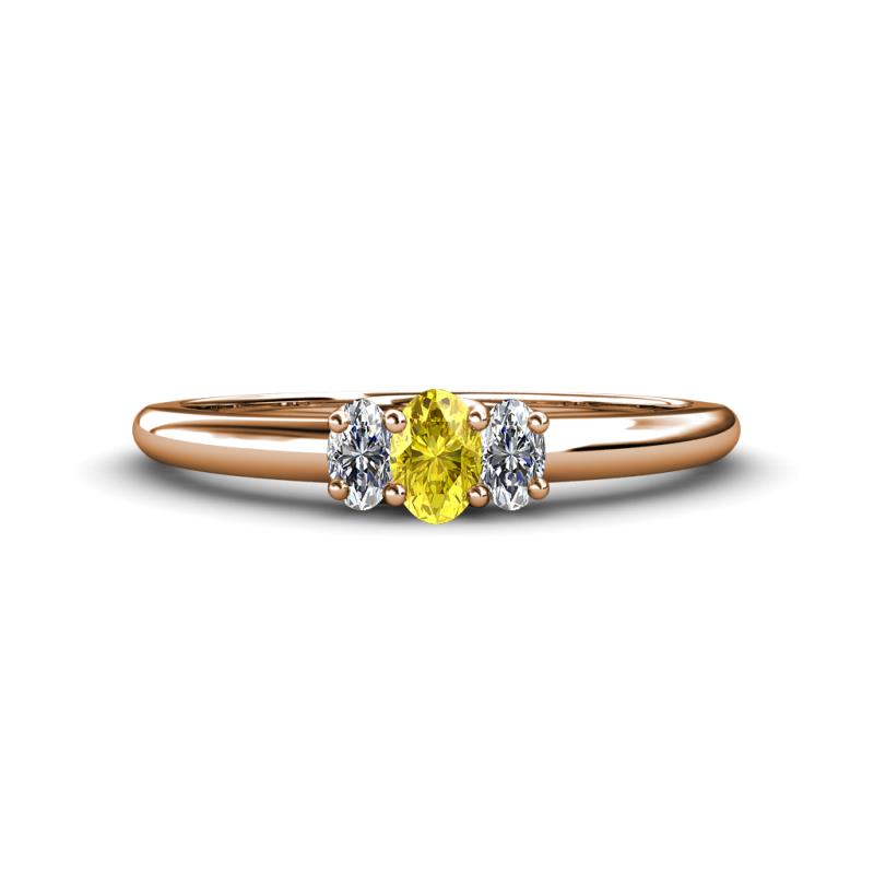 Louisa 6x4 mm Oval Cut Yellow Sapphire and Diamond Trellis Three Stone Engagement Ring 