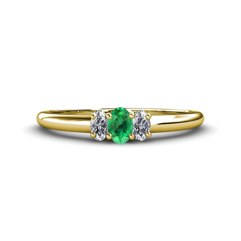 Louisa 6x4 mm Oval Cut Emerald and Diamond Trellis Three Stone Engagement Ring 
