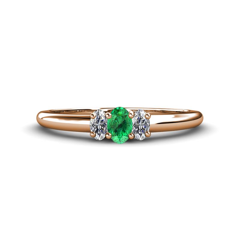 Louisa 6x4 mm Oval Cut Emerald and Diamond Trellis Three Stone Engagement Ring 