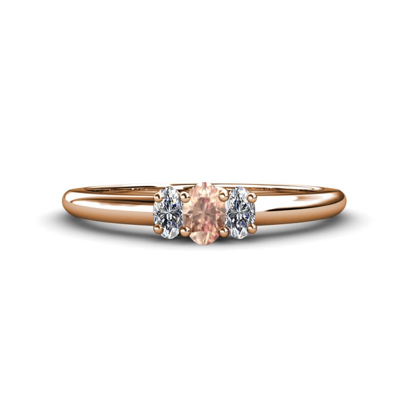 Louisa 6x4 mm Oval Cut Morganite and Diamond Trellis Three Stone Engagement Ring 