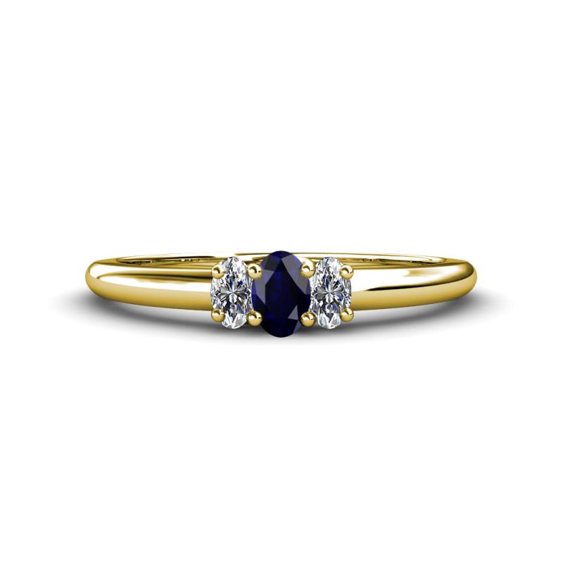 Louisa 6x4 mm Oval Cut Blue Sapphire and Diamond Trellis Three Stone Engagement Ring 