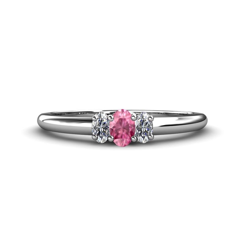 Louisa 6x4 mm Oval Cut Pink Tourmaline and Diamond Trellis Three Stone Engagement Ring 