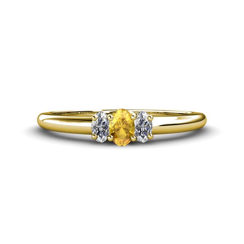 Louisa 6x4 mm Oval Cut Citrine and Diamond Trellis Three Stone Engagement Ring 