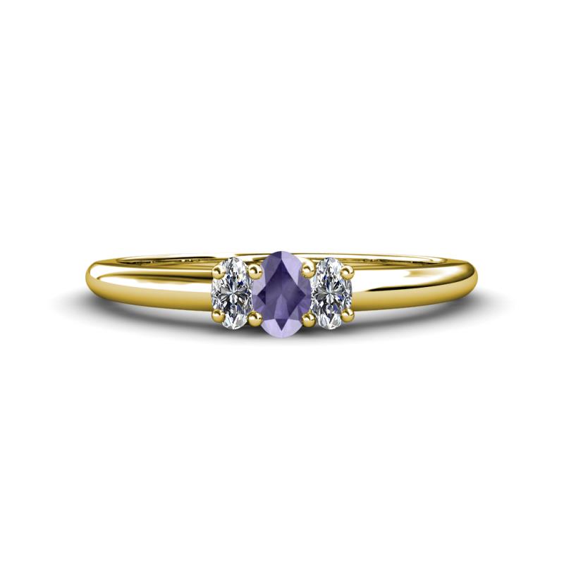 Louisa 6x4 mm Oval Cut Iolite and Diamond Trellis Three Stone Engagement Ring 