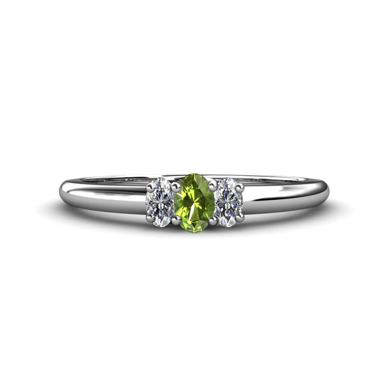 Louisa 6x4 mm Oval Cut Peridot and Diamond Trellis Three Stone Engagement Ring 