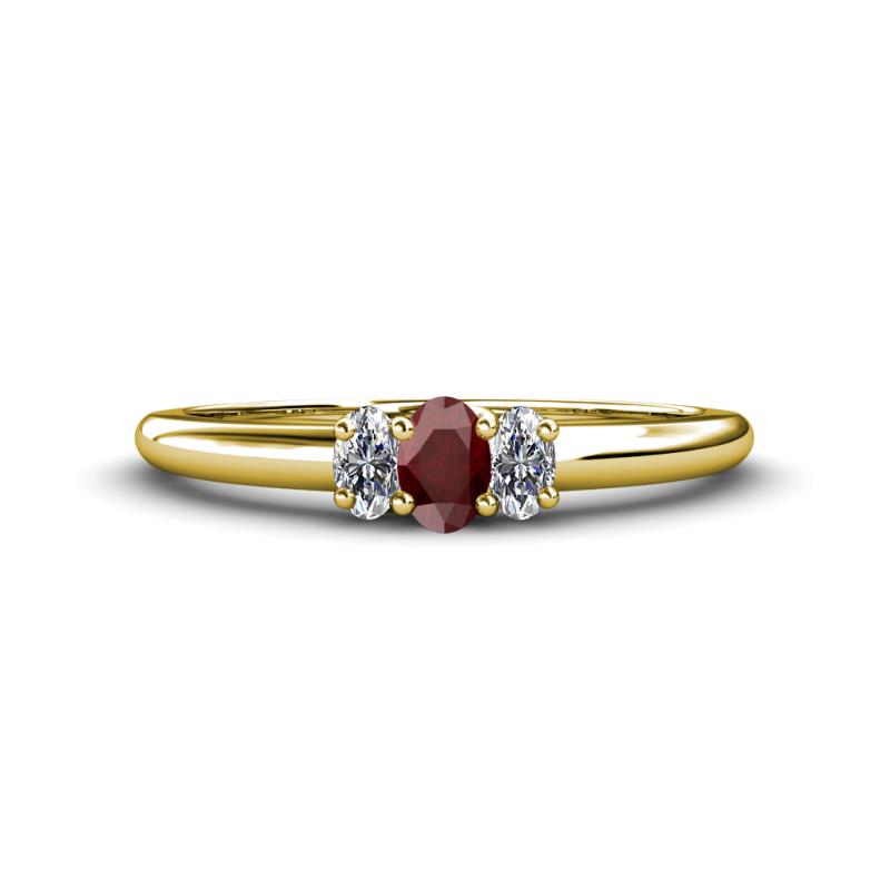 Louisa 6x4 mm Oval Cut Red Garnet and Diamond Trellis Three Stone Engagement Ring 