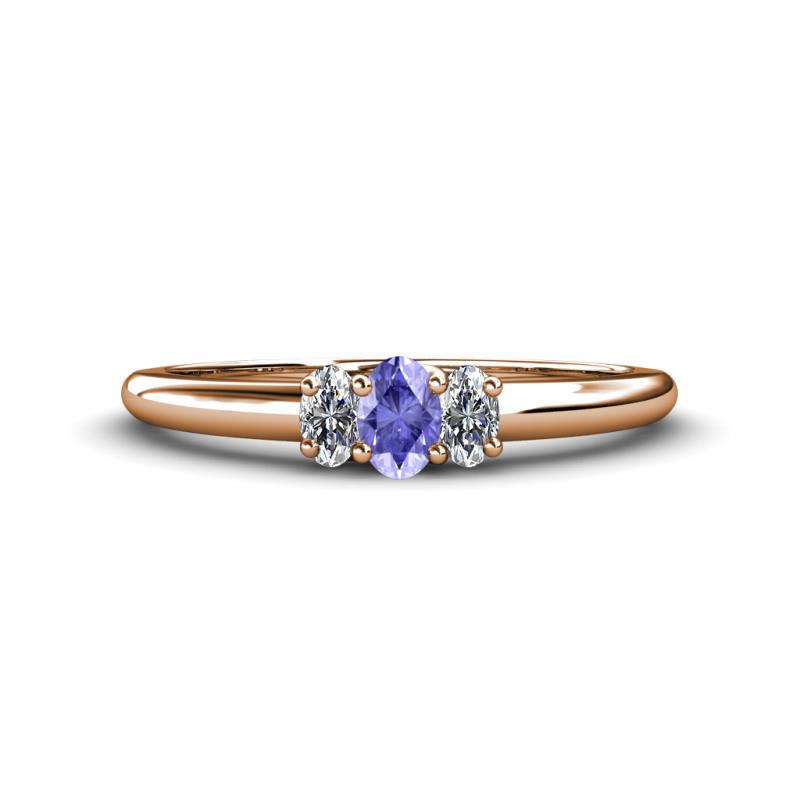 Louisa 6x4 mm Oval Cut Tanzanite and Lab Grown Diamond Trellis Three Stone Engagement Ring 