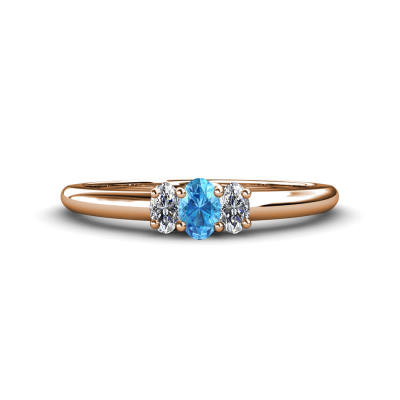 Louisa 6x4 mm Oval Cut Blue Topaz and Lab Grown Diamond Trellis Three Stone Engagement Ring 