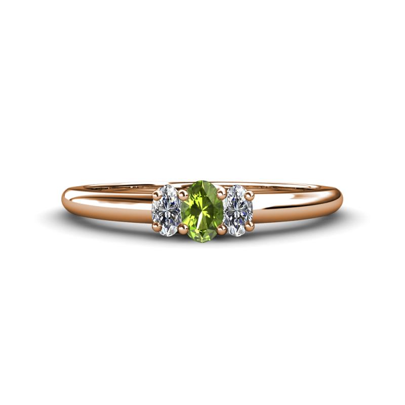 Louisa 6x4 mm Oval Cut Peridot and Lab Grown Diamond Trellis Three Stone Engagement Ring 