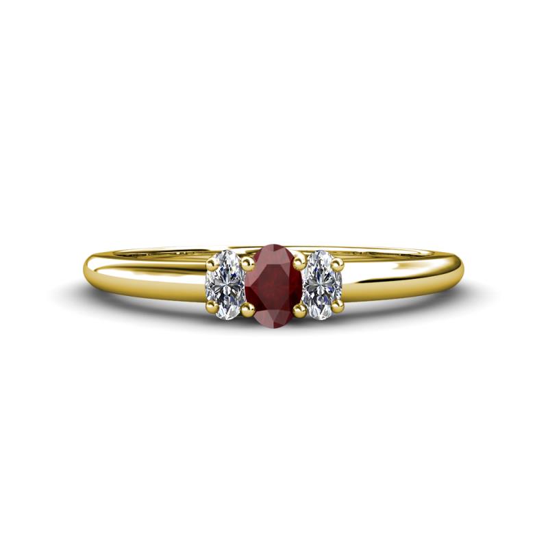 Louisa 6x4 mm Oval Cut Red Garnet and Lab Grown Diamond Trellis Three Stone Engagement Ring 
