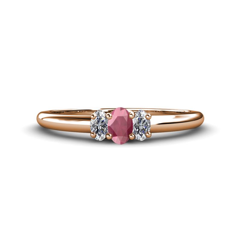 Louisa 6x4 mm Oval Cut Rhodolite Garnet and Lab Grown Diamond Trellis Three Stone Engagement Ring 