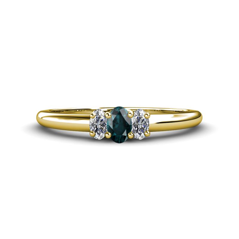 Louisa 6x4 mm Oval Cut London Blue Topaz and Lab Grown Diamond Trellis Three Stone Engagement Ring 