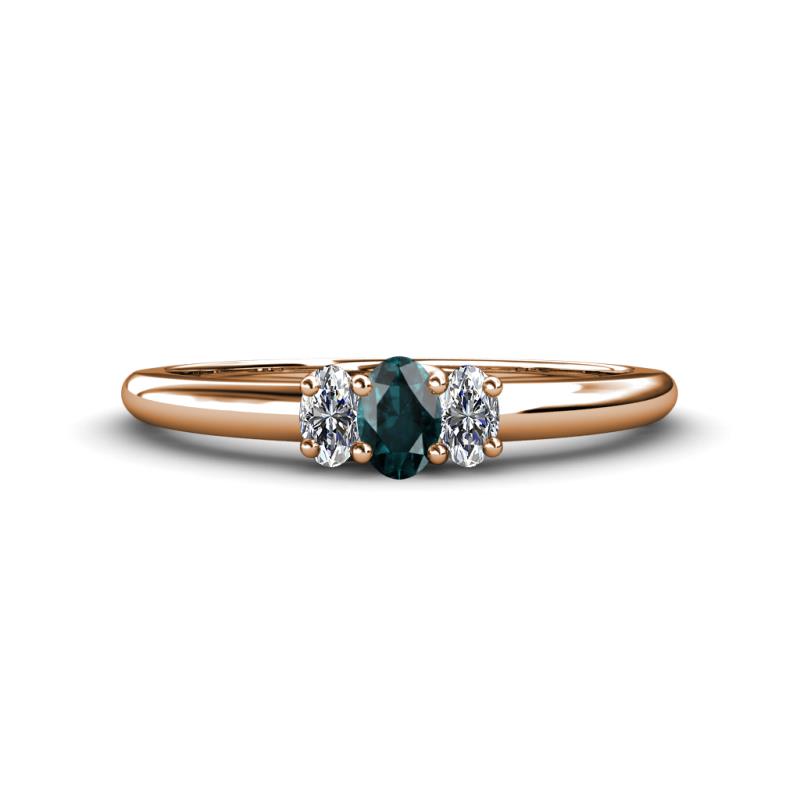 Louisa 6x4 mm Oval Cut London Blue Topaz and Lab Grown Diamond Trellis Three Stone Engagement Ring 