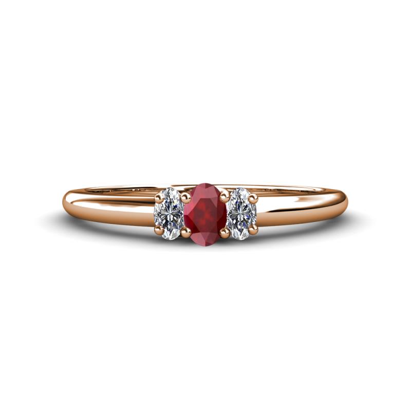 Louisa 6x4 mm Oval Cut Ruby and Lab Grown Diamond Trellis Three Stone Engagement Ring 