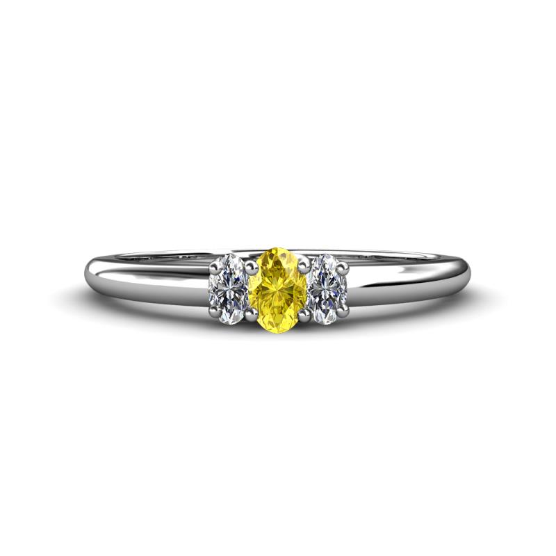 Louisa 6x4 mm Oval Cut Yellow Sapphire and Lab Grown Diamond Trellis Three Stone Engagement Ring 