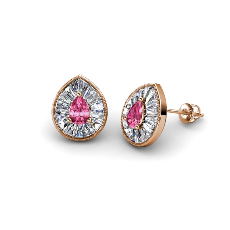 Viola Iris Pear Cut Pink Tourmaline and Baguette Diamond Milgrain Halo Stud Earrings 