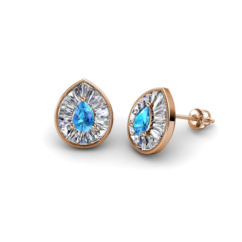 Viola Iris Pear Cut Blue Topaz and Baguette Diamond Milgrain Halo Stud Earrings 