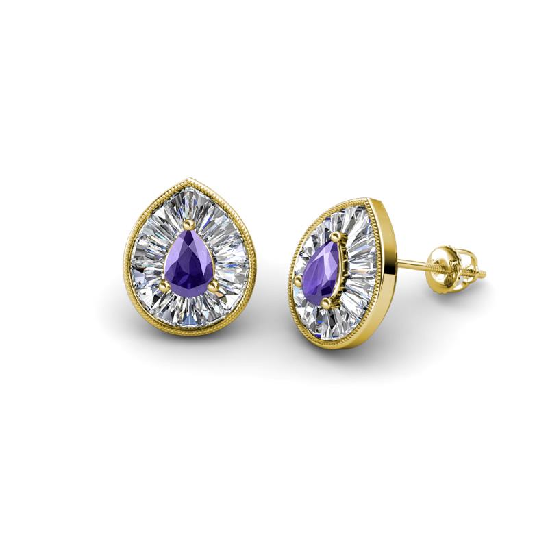 Viola Iris Pear Cut Iolite and Baguette Diamond Milgrain Halo Stud Earrings 