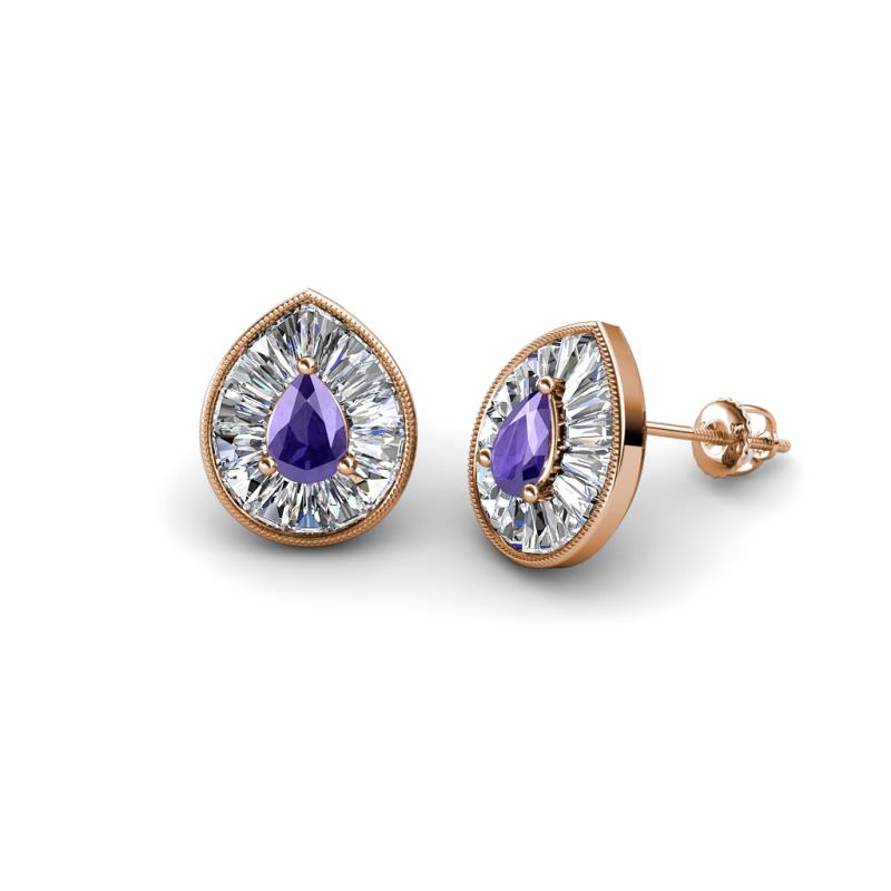 Viola Iris Pear Cut Iolite and Baguette Diamond Milgrain Halo Stud Earrings 