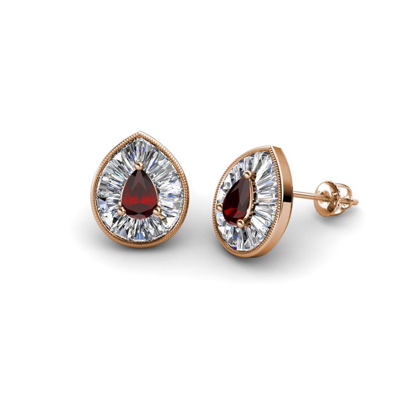 Viola Iris Pear Cut Red Garnet and Baguette Diamond Milgrain Halo Stud Earrings 