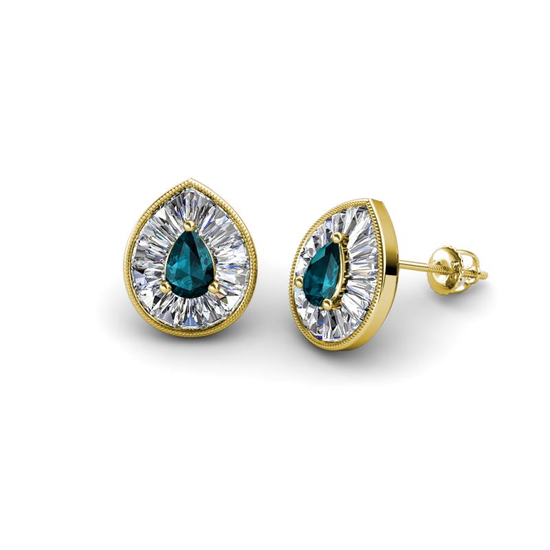 Viola Iris Pear Cut London Blue Topaz and Baguette Diamond Milgrain Halo Stud Earrings 
