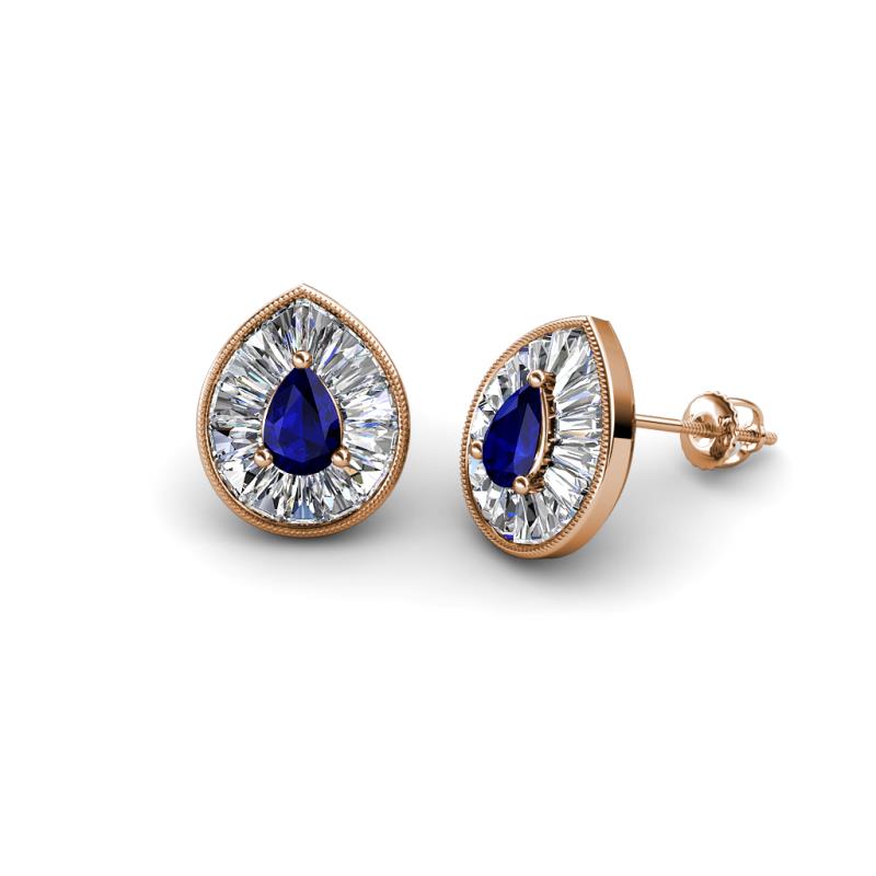 Viola Iris Pear Cut Blue Sapphire and Baguette Diamond Milgrain Halo Stud Earrings 