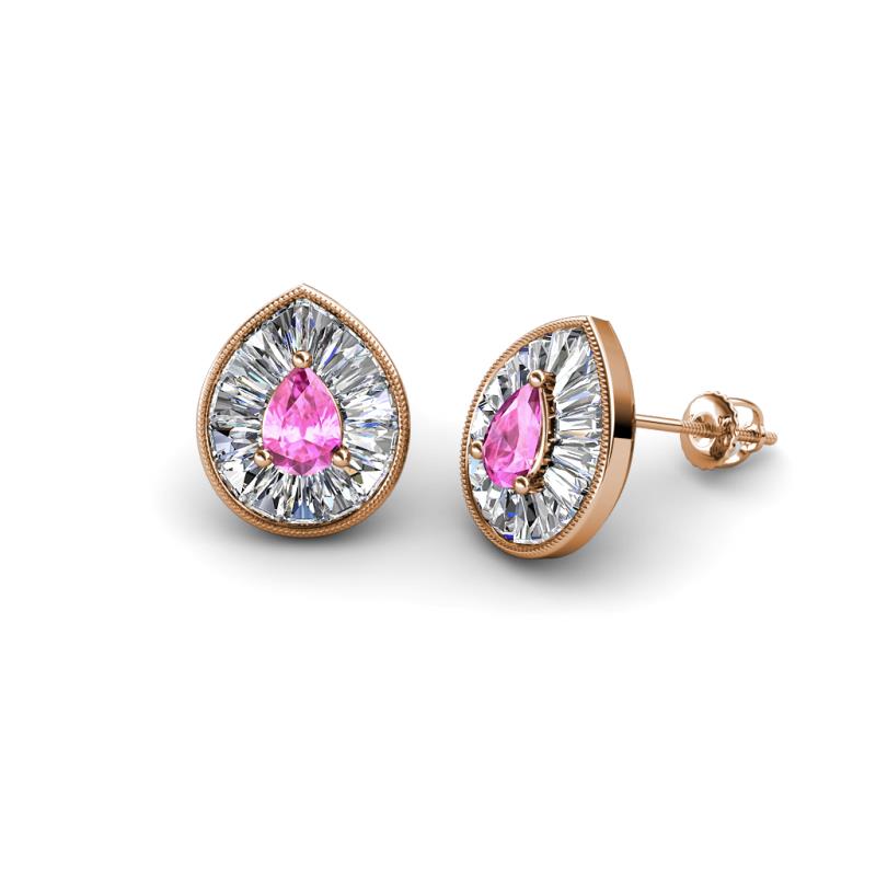 Viola Iris Pear Cut Pink Sapphire and Baguette Diamond Milgrain Halo Stud Earrings 