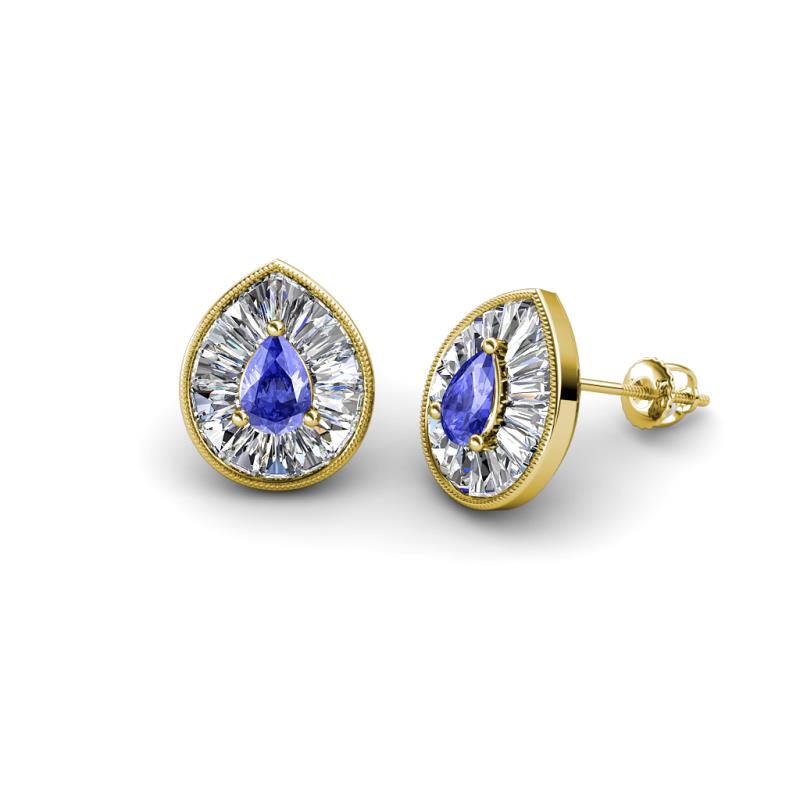 Viola Iris Pear Cut Tanzanite and Baguette Diamond Milgrain Halo Stud Earrings 