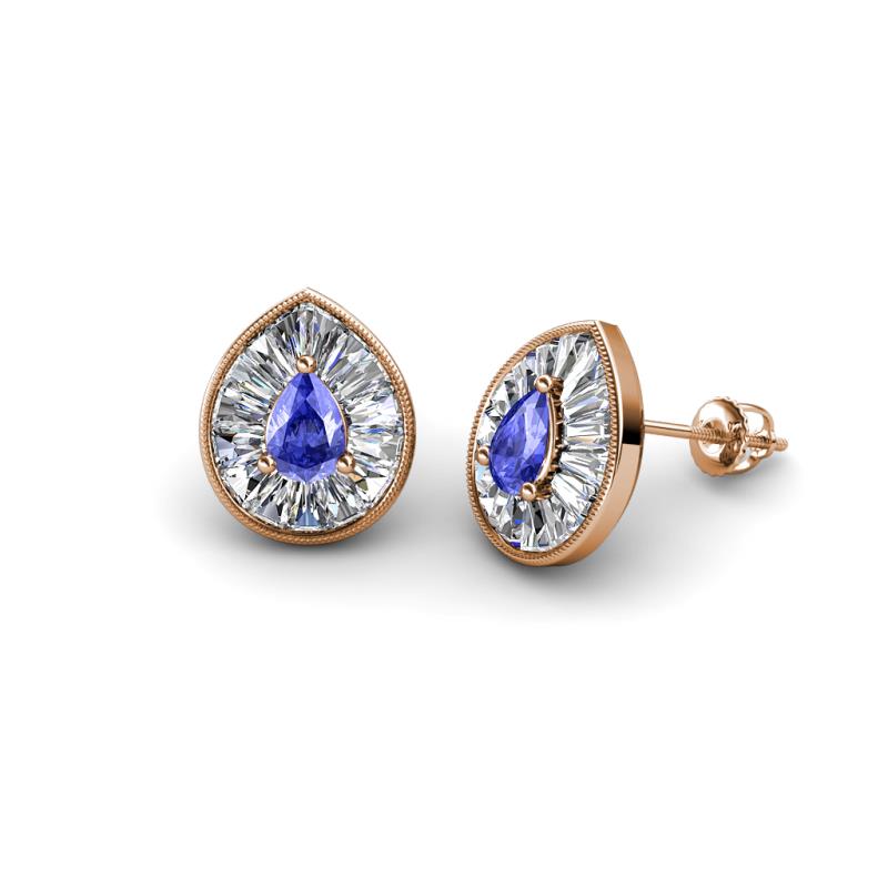 Viola Iris Pear Cut Tanzanite and Baguette Diamond Milgrain Halo Stud Earrings 