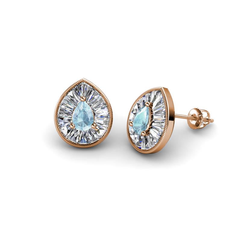 Viola Iris Pear Cut Aquamarine and Baguette Diamond Milgrain Halo Stud Earrings 