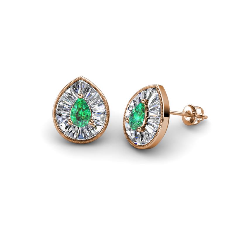 Viola Iris Pear Cut Emerald and Baguette Diamond Milgrain Halo Stud Earrings 