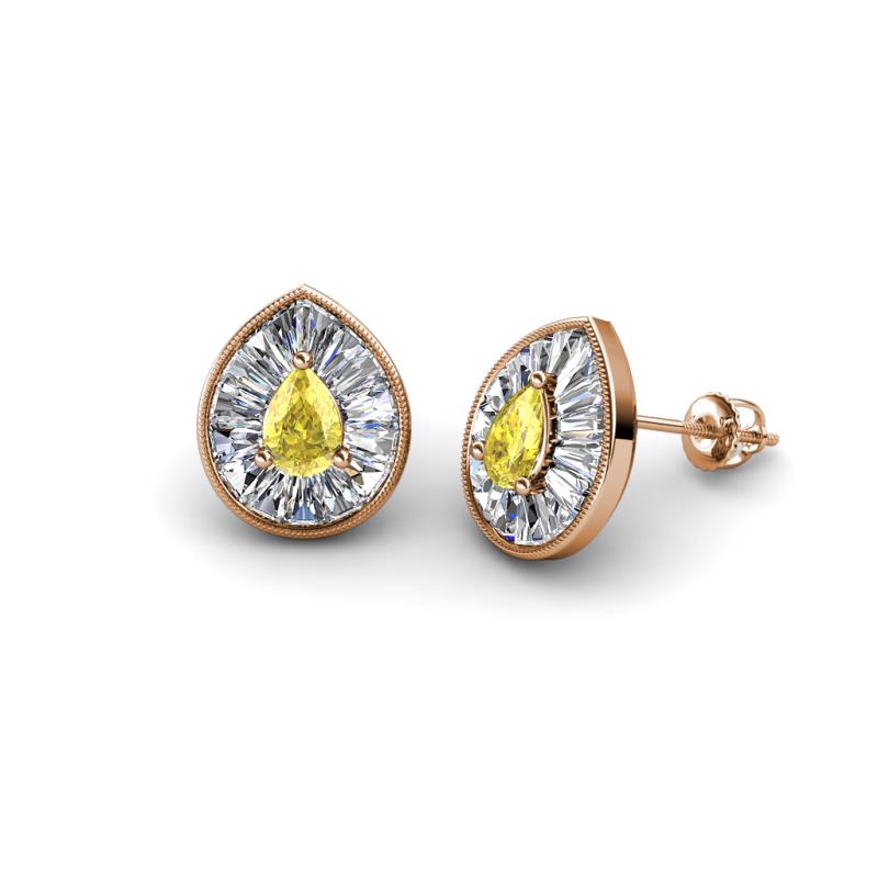 Viola Iris Pear Cut Yellow Sapphire and Baguette Diamond Milgrain Halo Stud Earrings 
