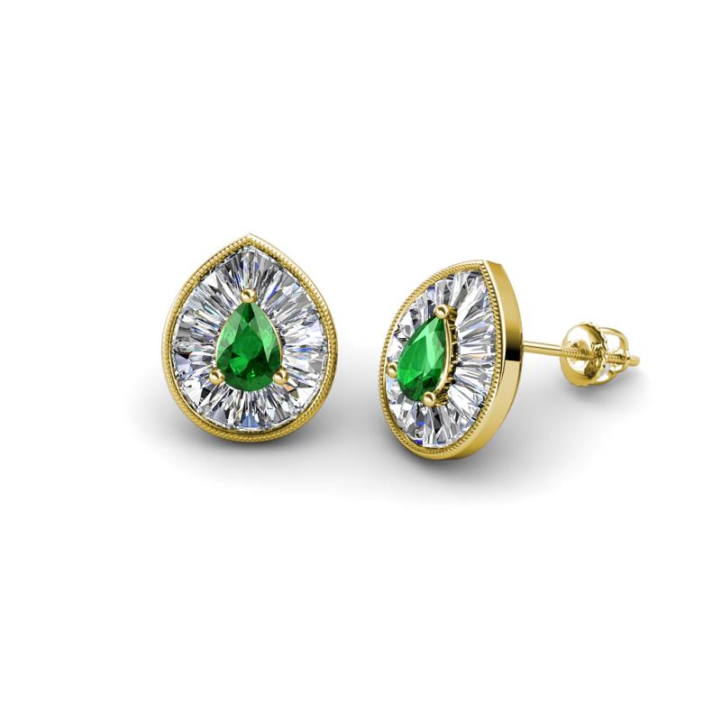 Viola Iris Pear Cut Green Garnet and Baguette Diamond Milgrain Halo Stud Earrings 