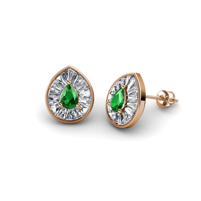 Viola Iris Pear Cut Green Garnet and Baguette Diamond Milgrain Halo Stud Earrings 