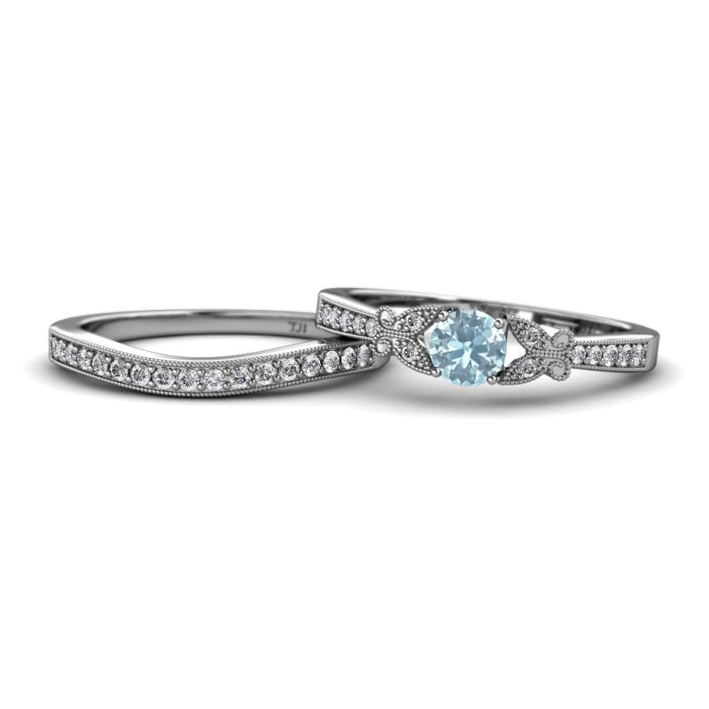 Freya 5.00 mm Aquamarine and Diamond Butterfly Bridal Set Ring 