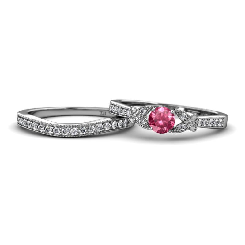 Freya 5.00 mm Pink Tourmaline and Diamond Butterfly Bridal Set Ring 