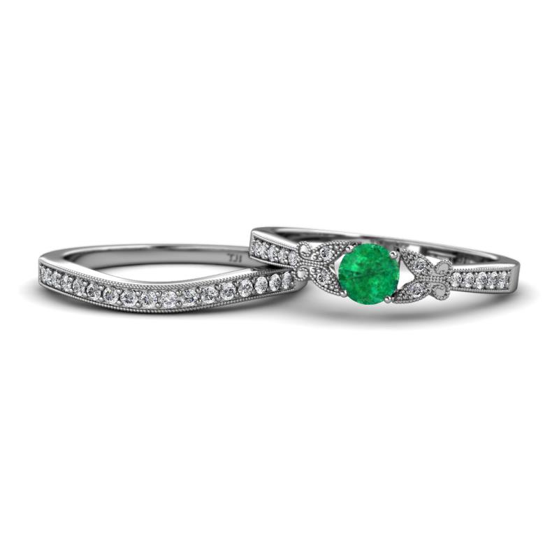 Freya 5.00 mm Emerald and Diamond Butterfly Bridal Set Ring 