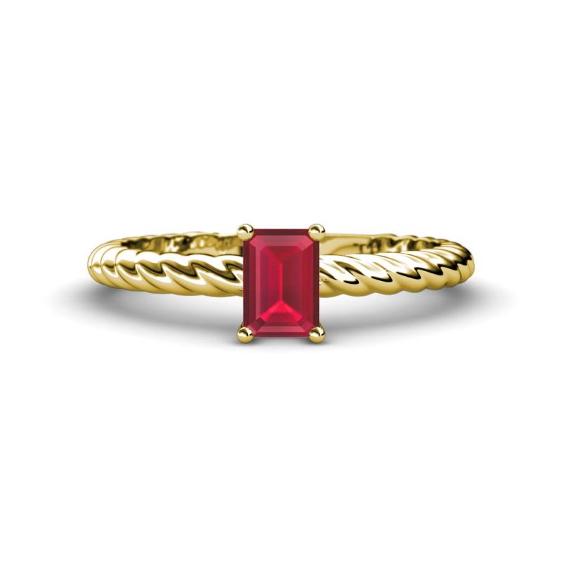 Leona Bold 7x5 mm Emerald Cut Ruby Solitaire Rope Engagement Ring 