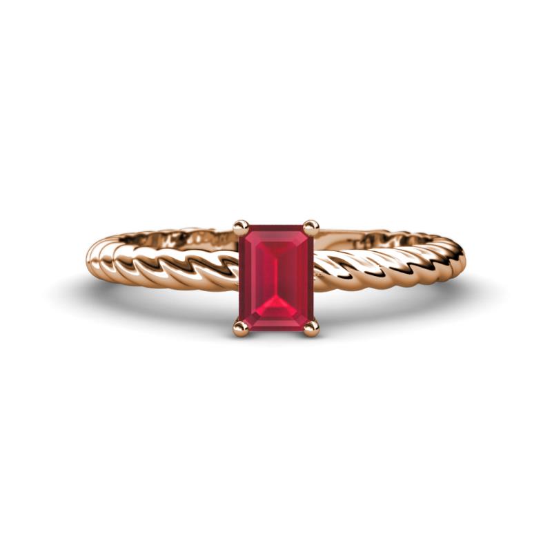 Leona Bold 7x5 mm Emerald Cut Ruby Solitaire Rope Engagement Ring 