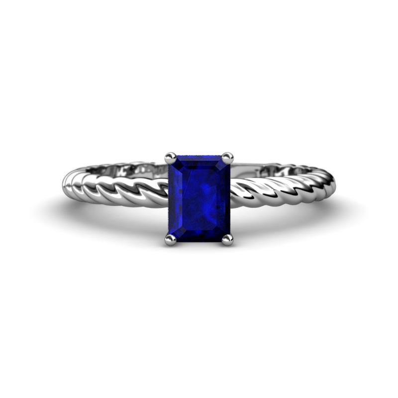Leona Bold 8x6 mm Emerald Cut Lab Created Blue Sapphire Solitaire Rope Engagement Ring 