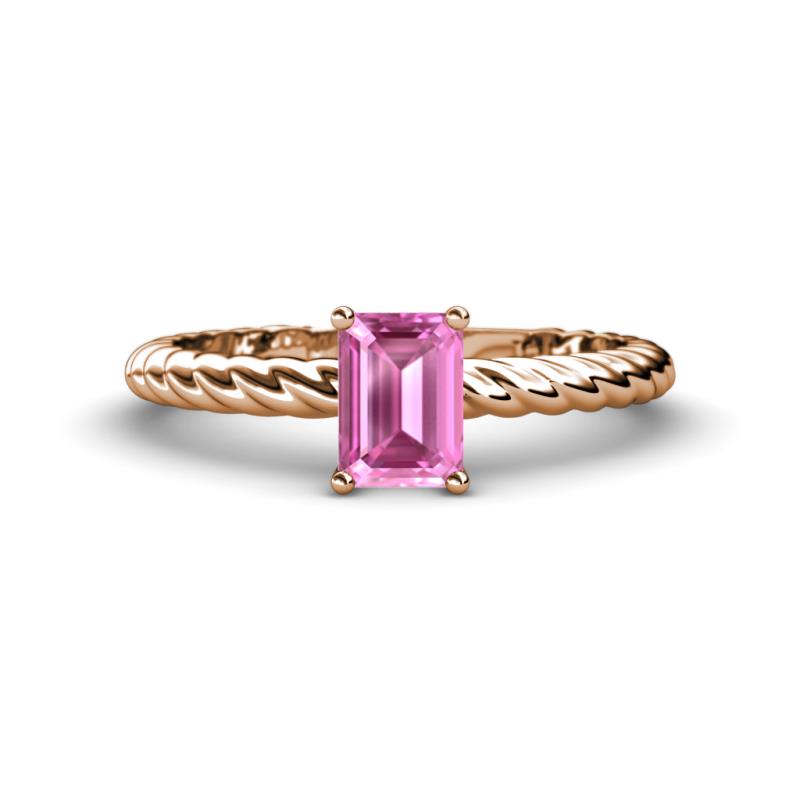 Leona Bold 8x6 mm Emerald Cut Lab Created Pink Sapphire Solitaire Rope Engagement Ring 