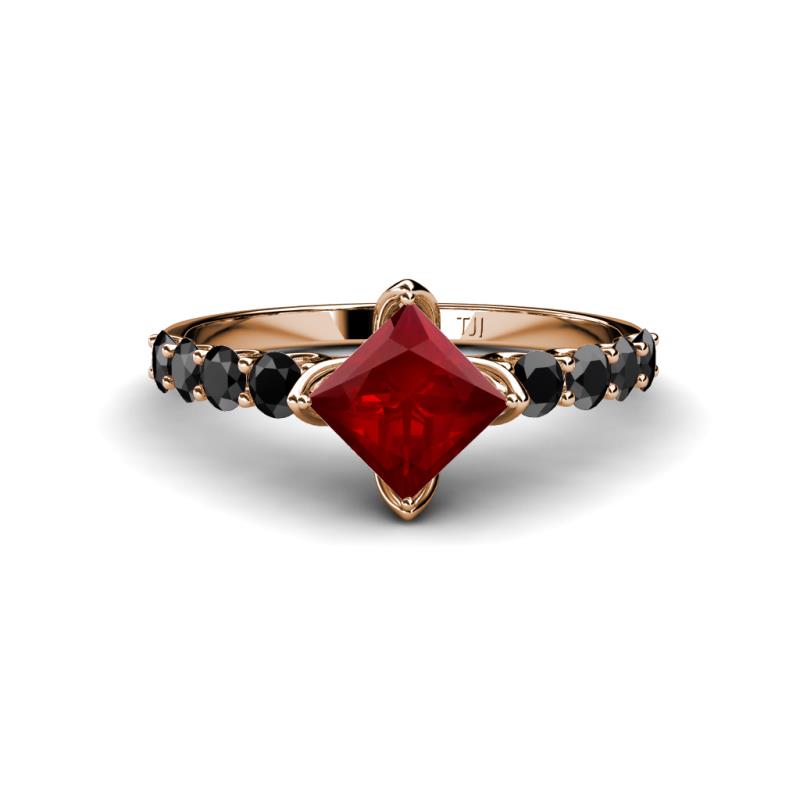 Alicia 5.50 mm Princess Cut Red Garnet and Black Diamond Engagement Ring 