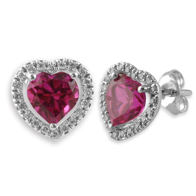Lab Created Pink Sapphire and Diamond Stud Earrings Lab Created Pink Sapphire Diamond Heart Shape Stud Earrings ct tw in K White Gold