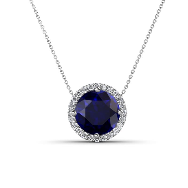 Catriona Round Lab Created Blue Sapphire and Diamond Halo Slider Pendant Necklace 
