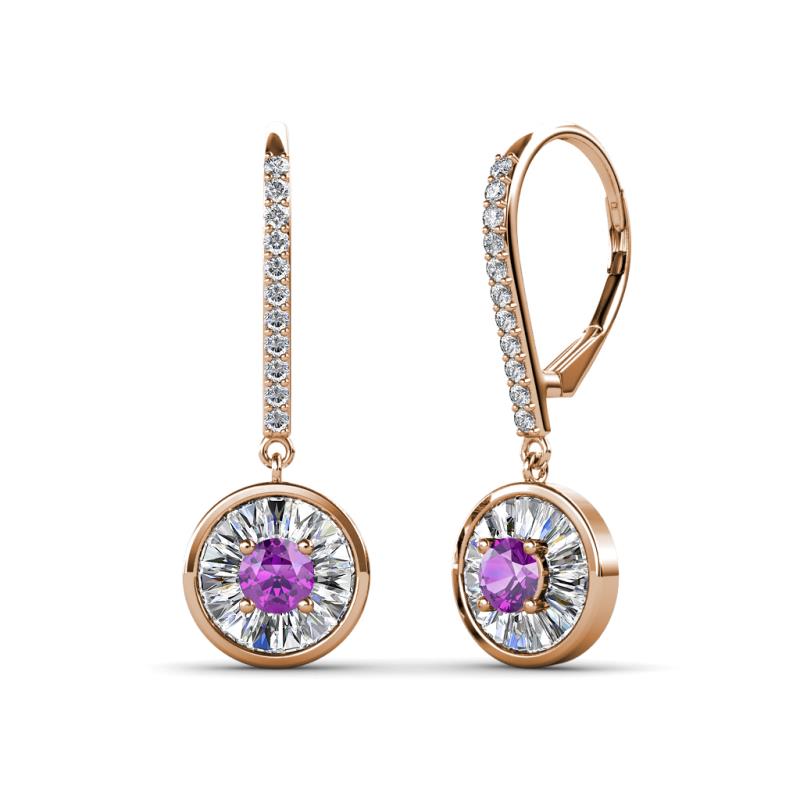 Lillac Iris Round Amethyst and Baguette Diamond Halo Dangling Earrings 