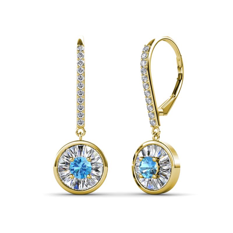 Lillac Iris Round Blue Topaz and Baguette Diamond Halo Dangling Earrings 
