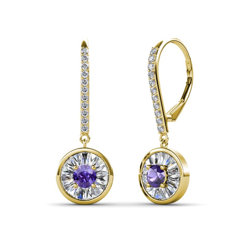 Lillac Iris Round Iolite and Baguette Diamond Halo Dangling Earrings 
