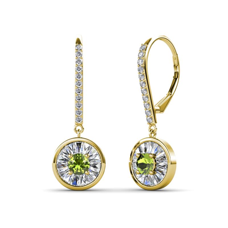 Lillac Iris Round Peridot and Baguette Diamond Halo Dangling Earrings 