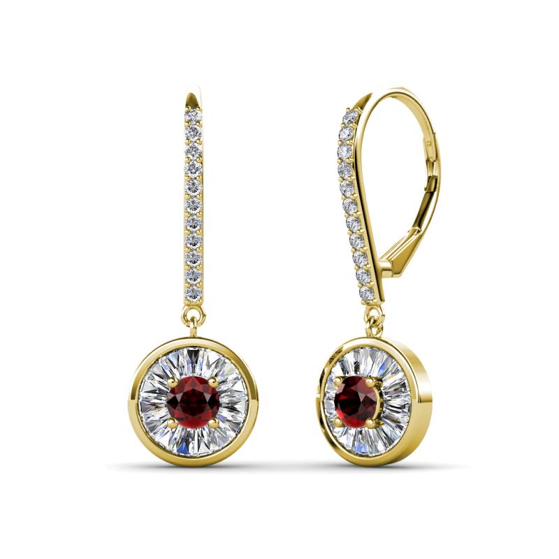 Lillac Iris Round Red Garnet and Baguette Diamond Halo Dangling Earrings 
